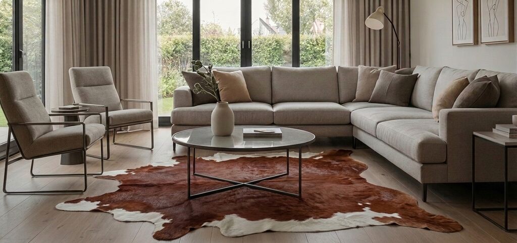 Warmes modernes Wohnzimmer mit beigem Ecksofa und braun-weißem Kuhfell-Teppich unter dem Couchtisch.