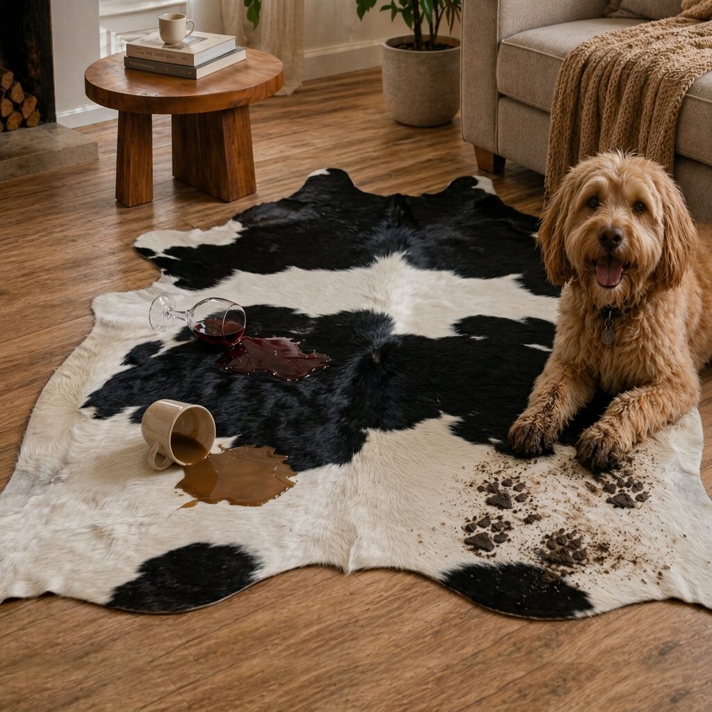 Schwarz-weißes Kuhfell mit verschüttetem Wein und Kaffee sowie einem Hund mit schlammigen Pfoten.